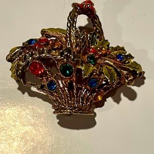 Vintage Christmas Jeweled Holly Basket Brooch Pin by MarcelleJewels